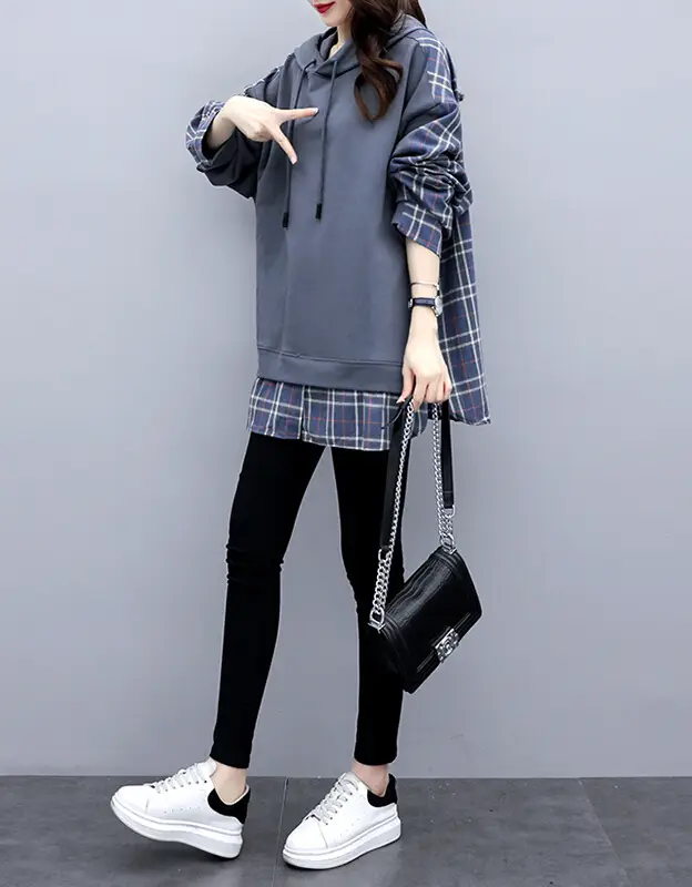 Fake Korean Hooded Hoodie Set Grey Plaid Loose Fit Women — feature 2