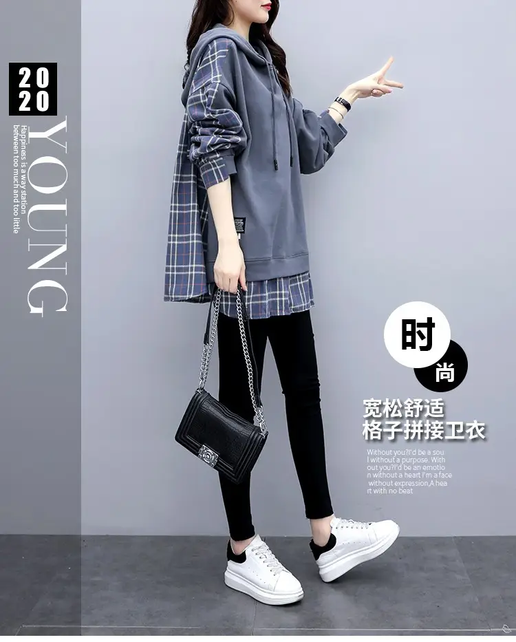 Fake Korean Hooded Hoodie Set Grey Plaid Loose Fit Women — feature 4