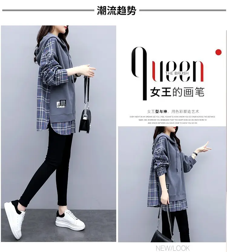 Fake Korean Hooded Hoodie Set Grey Plaid Loose Fit Women — feature 7