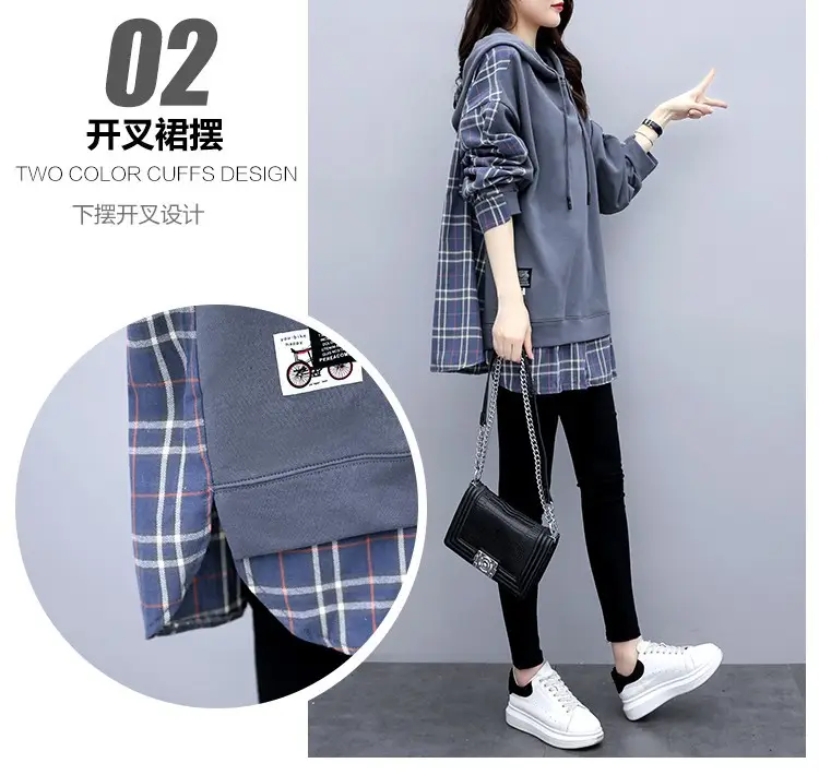 Fake Korean Hooded Hoodie Set Grey Plaid Loose Fit Women — feature 9
