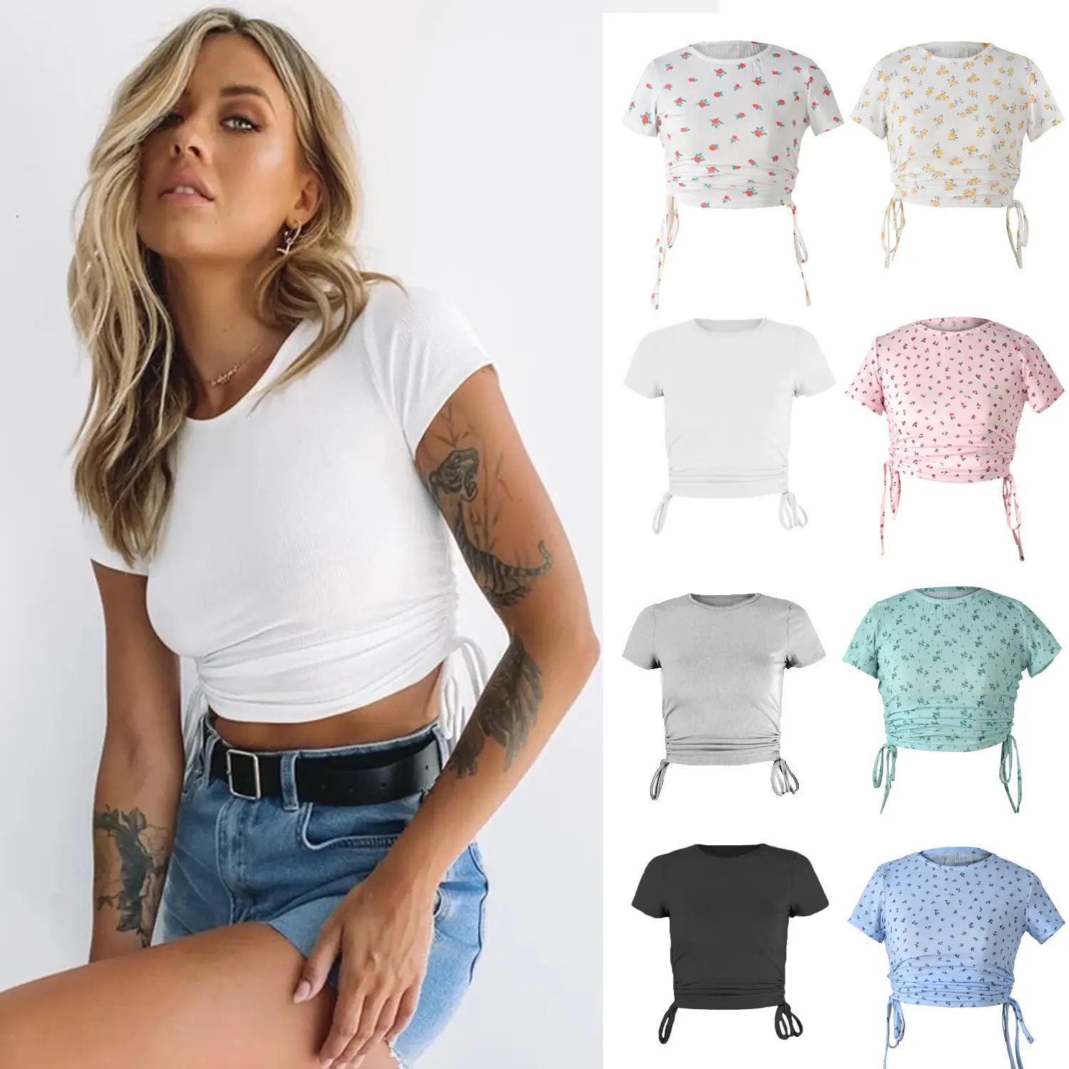 Women Printed Pink T-Shirt with Drawstring Waist - Image 9