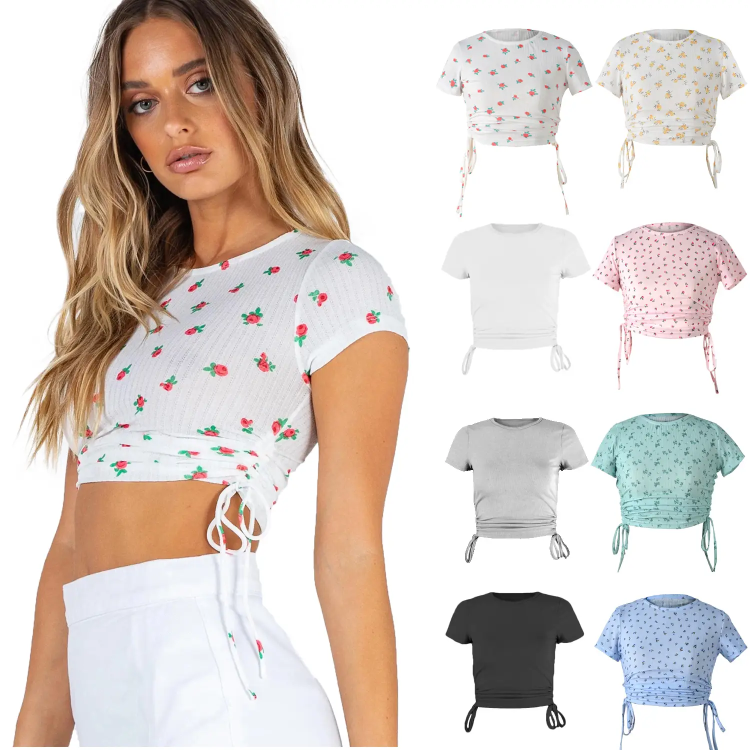 Women Printed Pink T-Shirt with Drawstring Waist - Image 11