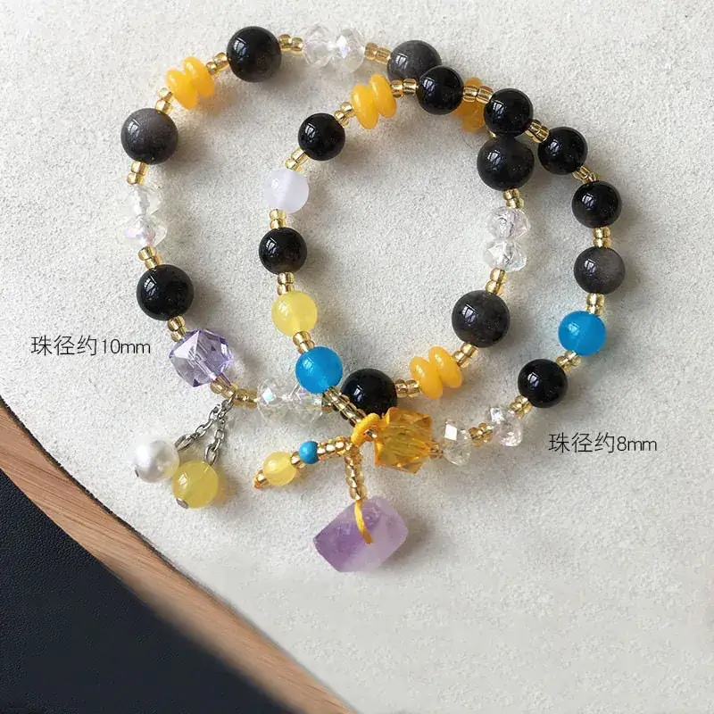 Jingyao Natural Obsidian Stone Bracelet with Amethyst Pendant - Image 3