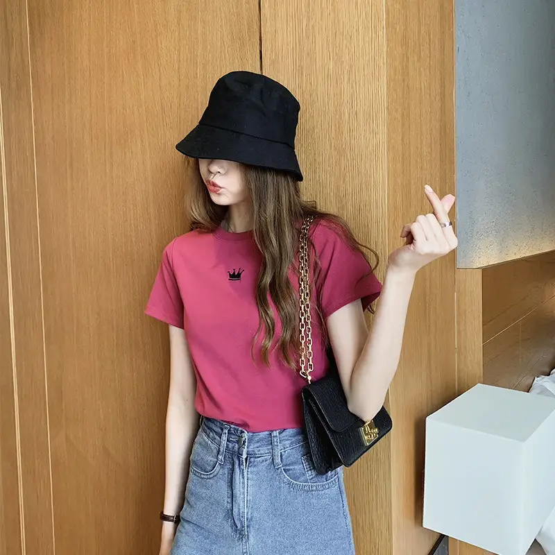 Women Grey Crown Embroidered T-Shirt Short Sleeve - Image 7