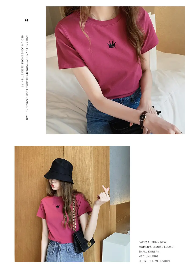 Women Grey Crown Embroidered T-Shirt Short Sleeve — feature 8