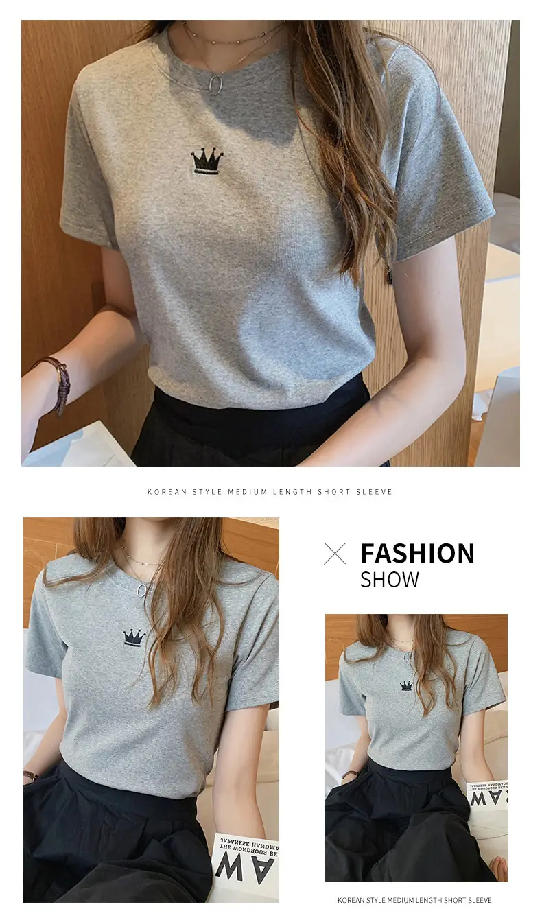 Women Grey Crown Embroidered T-Shirt Short Sleeve — feature 9