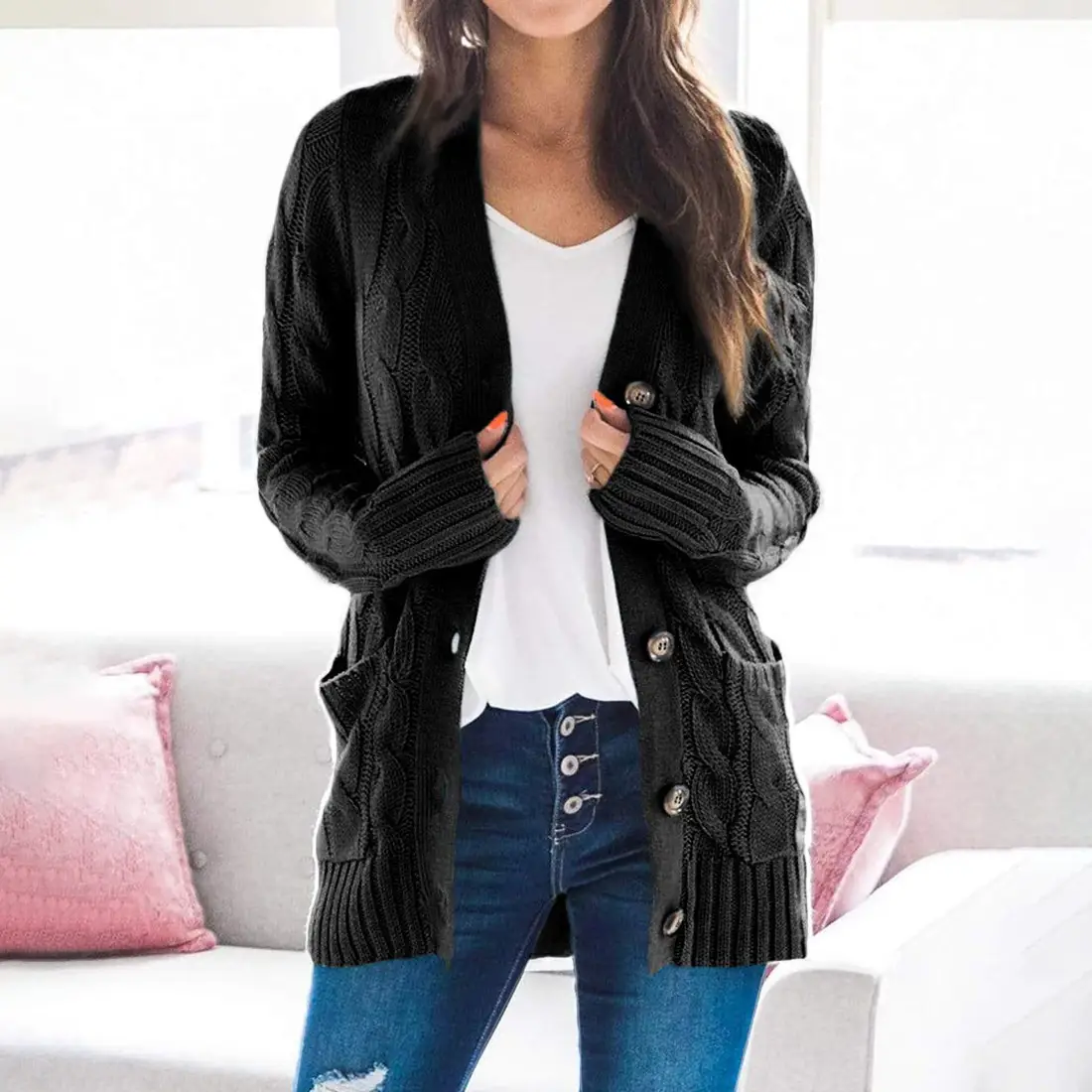 Women's V-Neck Long Sleeve Sweater Coat White — feature 27