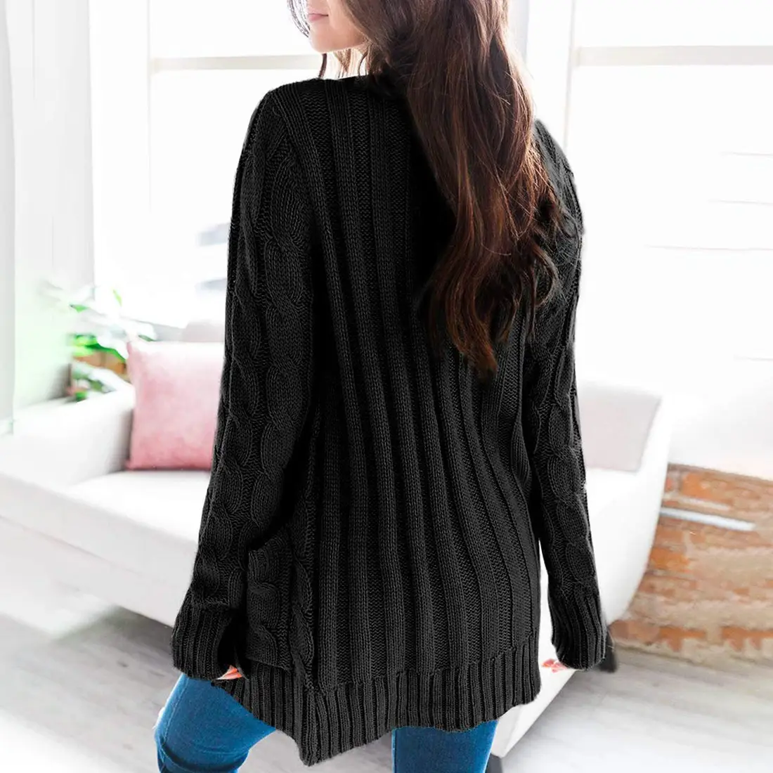 Women's V-Neck Long Sleeve Sweater Coat White — feature 28