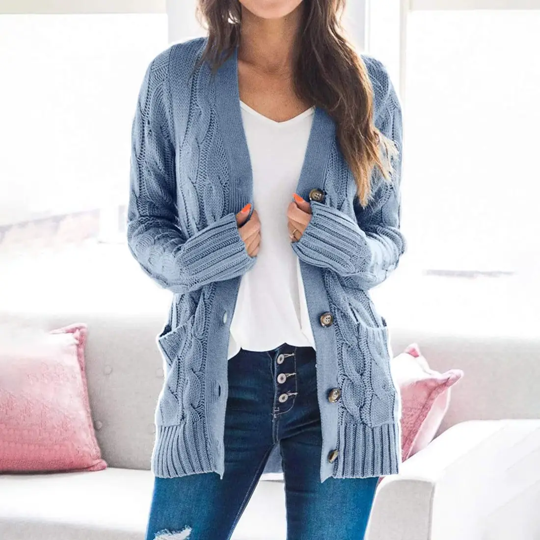 Women's V-Neck Long Sleeve Sweater Coat White — feature 29