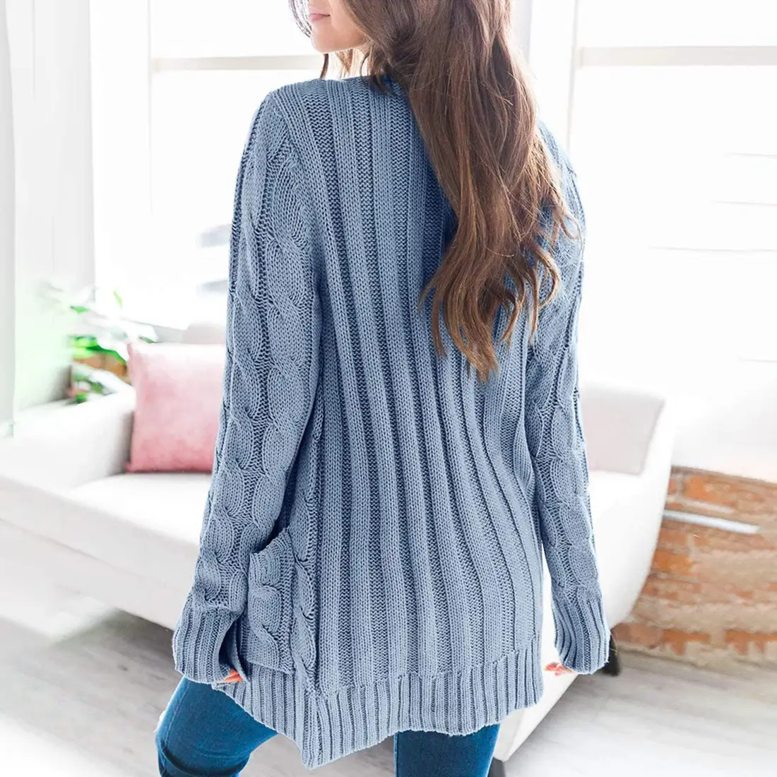 Women's V-Neck Long Sleeve Sweater Coat White — feature 30