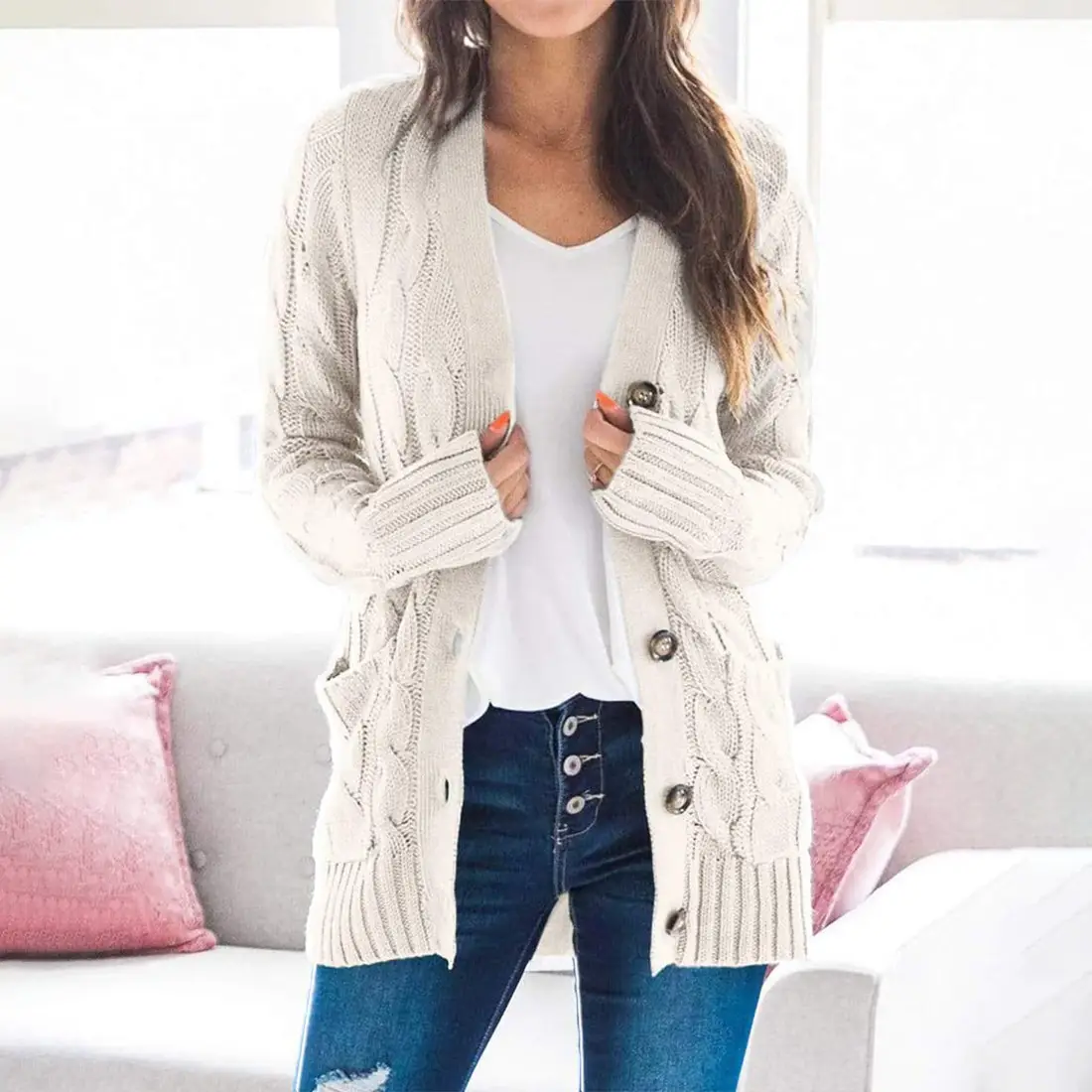 Women's V-Neck Long Sleeve Sweater Coat White — feature 31