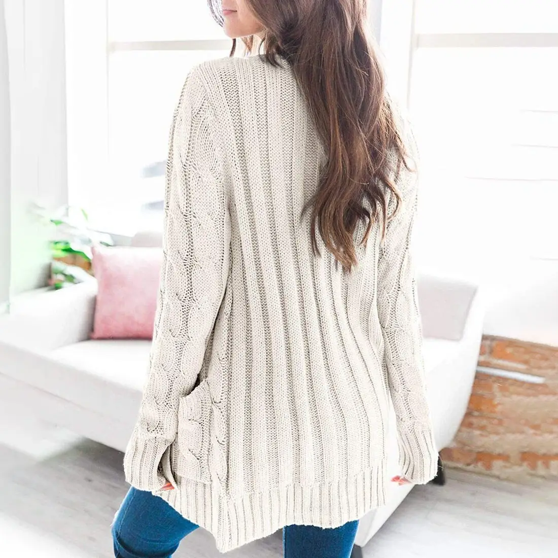 Women's V-Neck Long Sleeve Sweater Coat White — feature 32