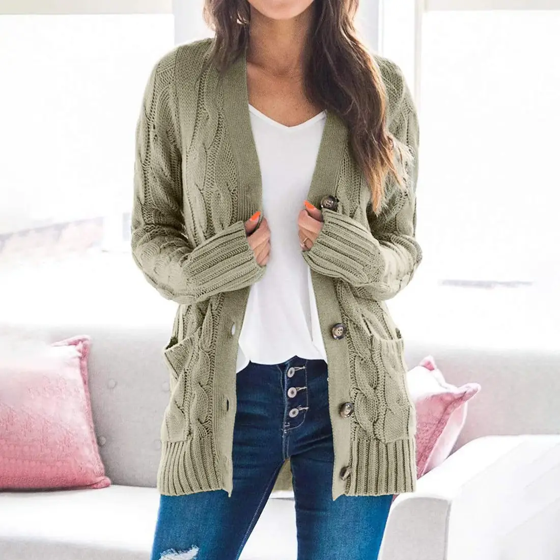 Women's V-Neck Long Sleeve Sweater Coat White — feature 33
