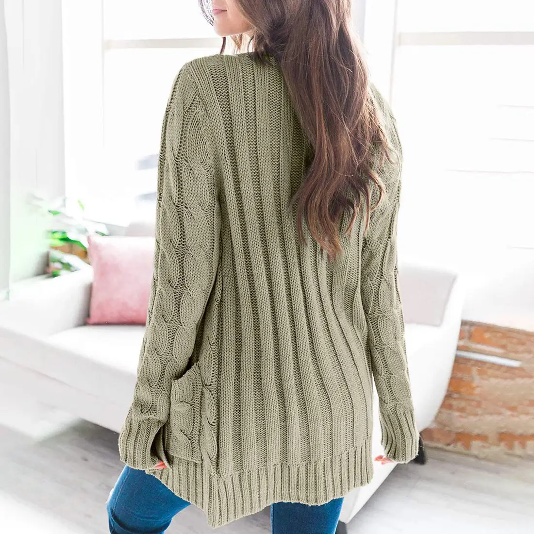 Women's V-Neck Long Sleeve Sweater Coat White — feature 34