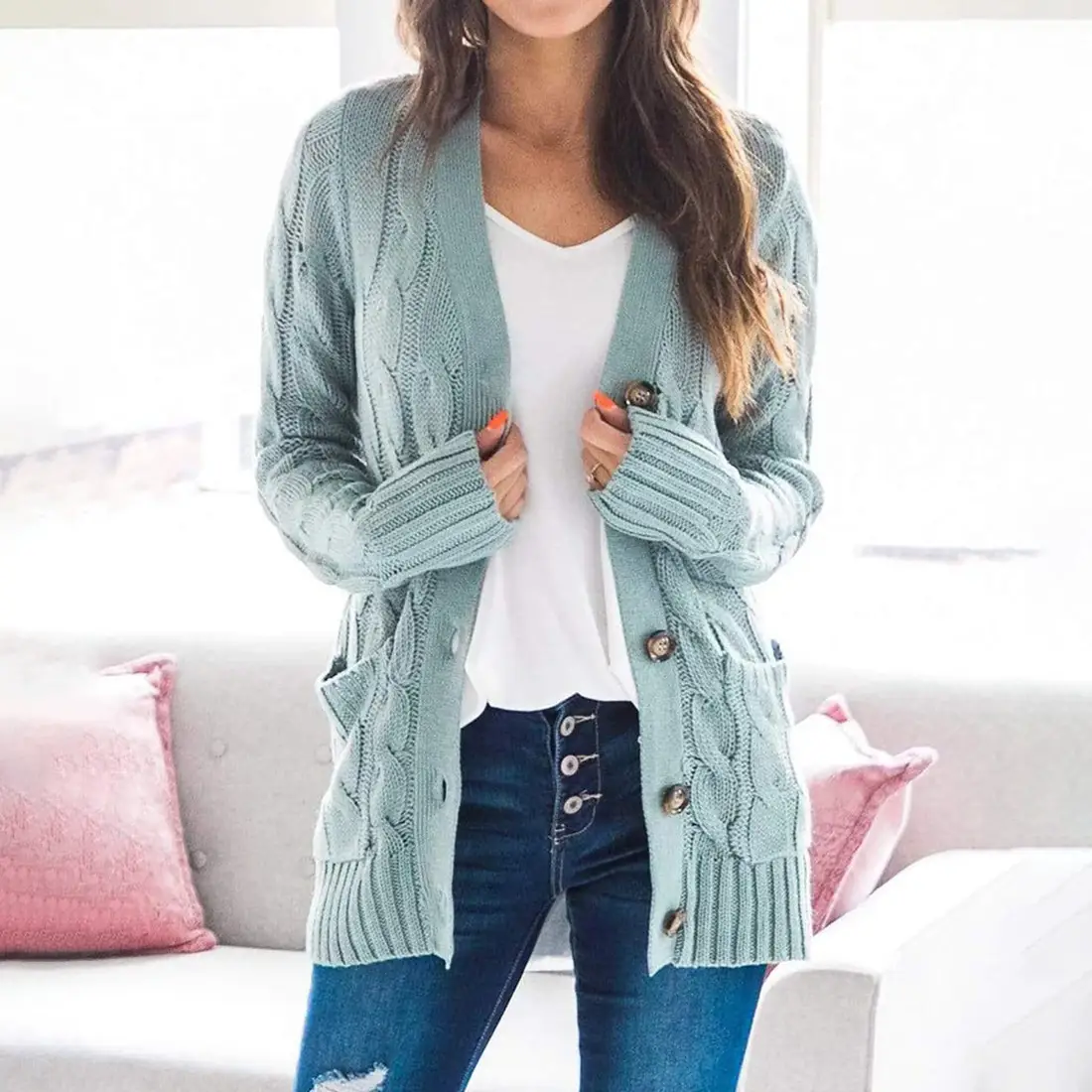 Women's V-Neck Long Sleeve Sweater Coat White — feature 35