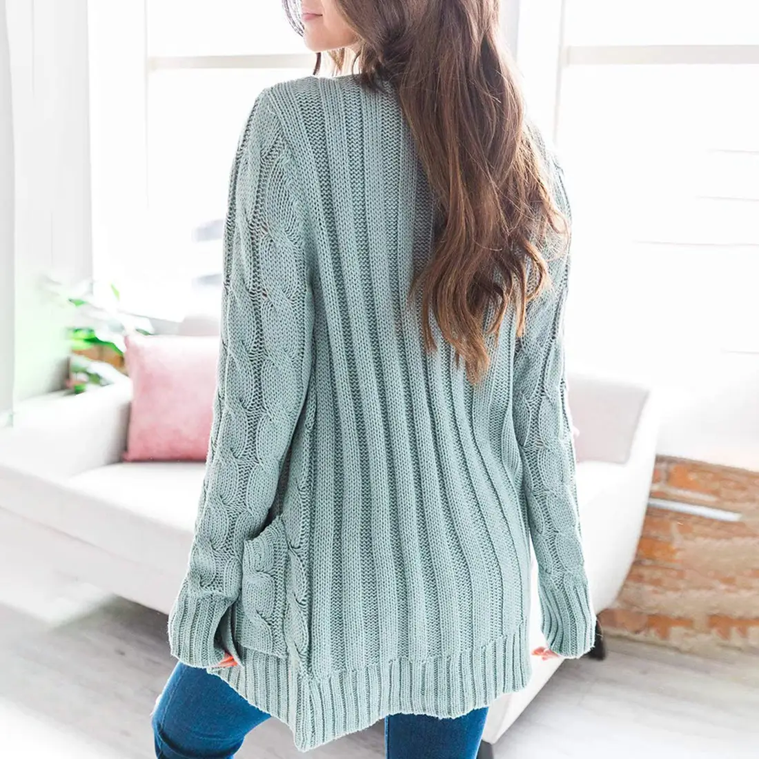 Women's V-Neck Long Sleeve Sweater Coat White — feature 36