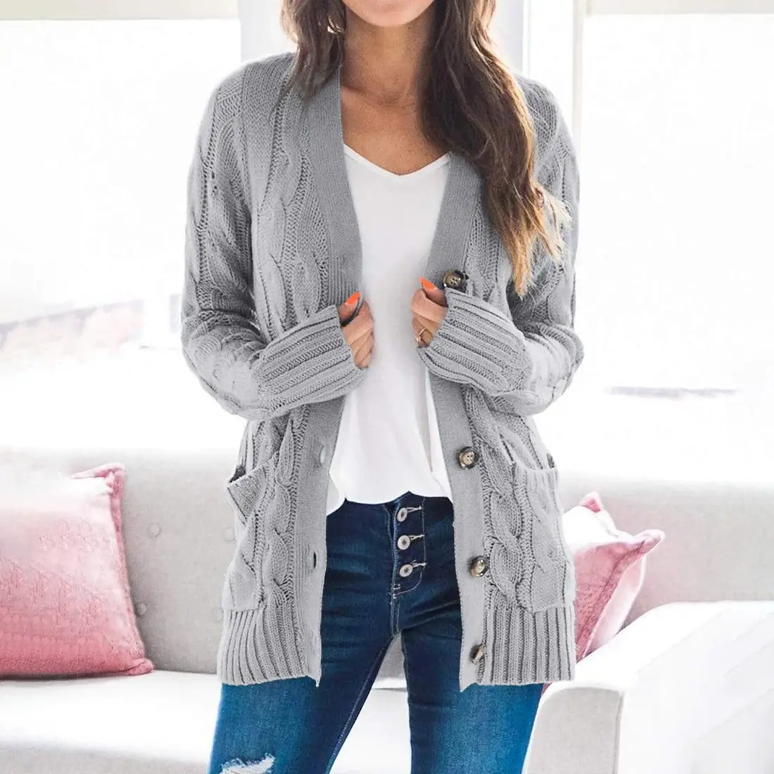 Women's V-Neck Long Sleeve Sweater Coat White — feature 37