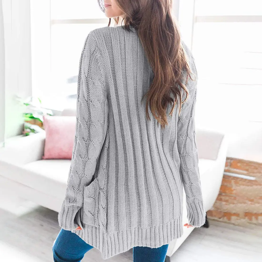 Women's V-Neck Long Sleeve Sweater Coat White — feature 38