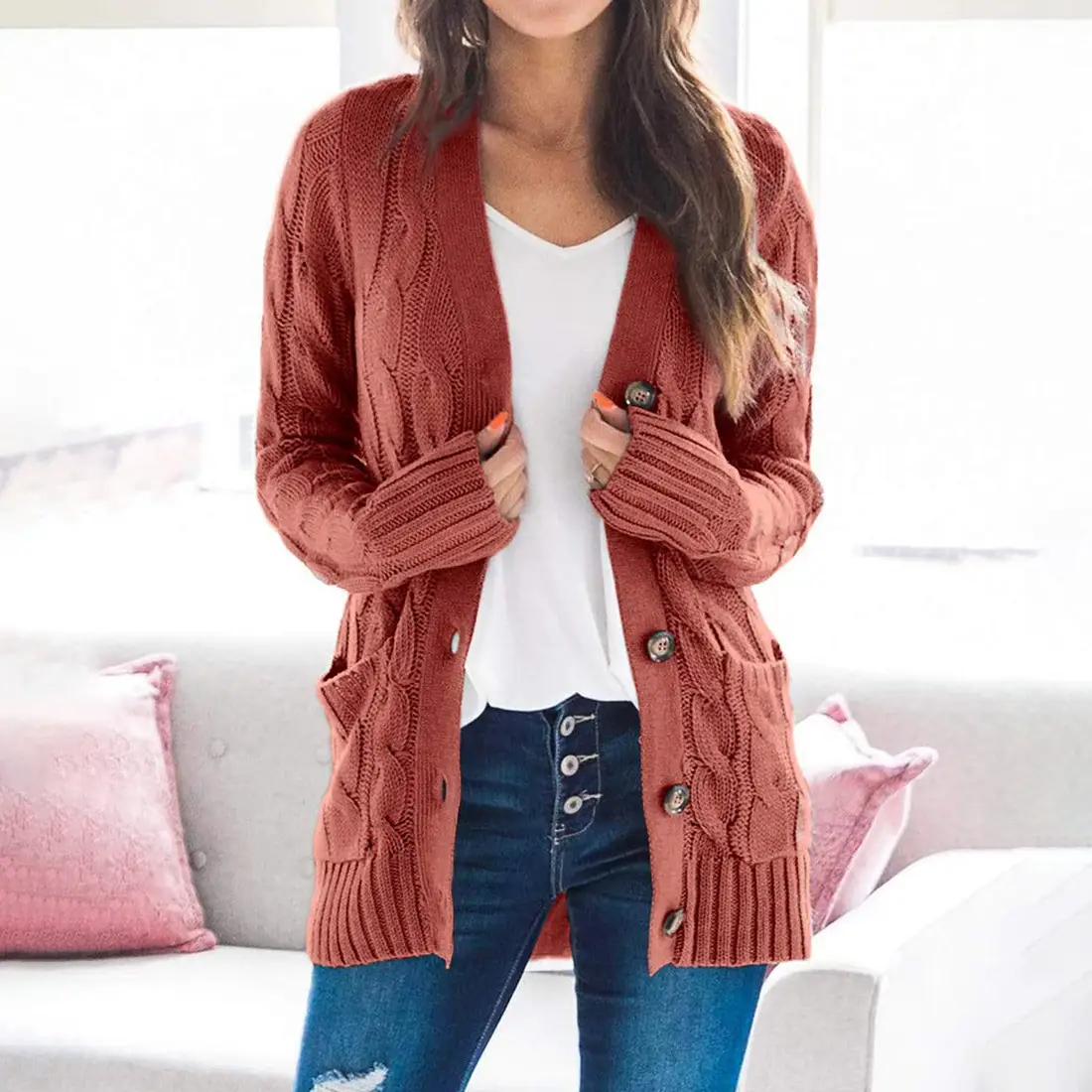 Women's V-Neck Long Sleeve Sweater Coat White — feature 39