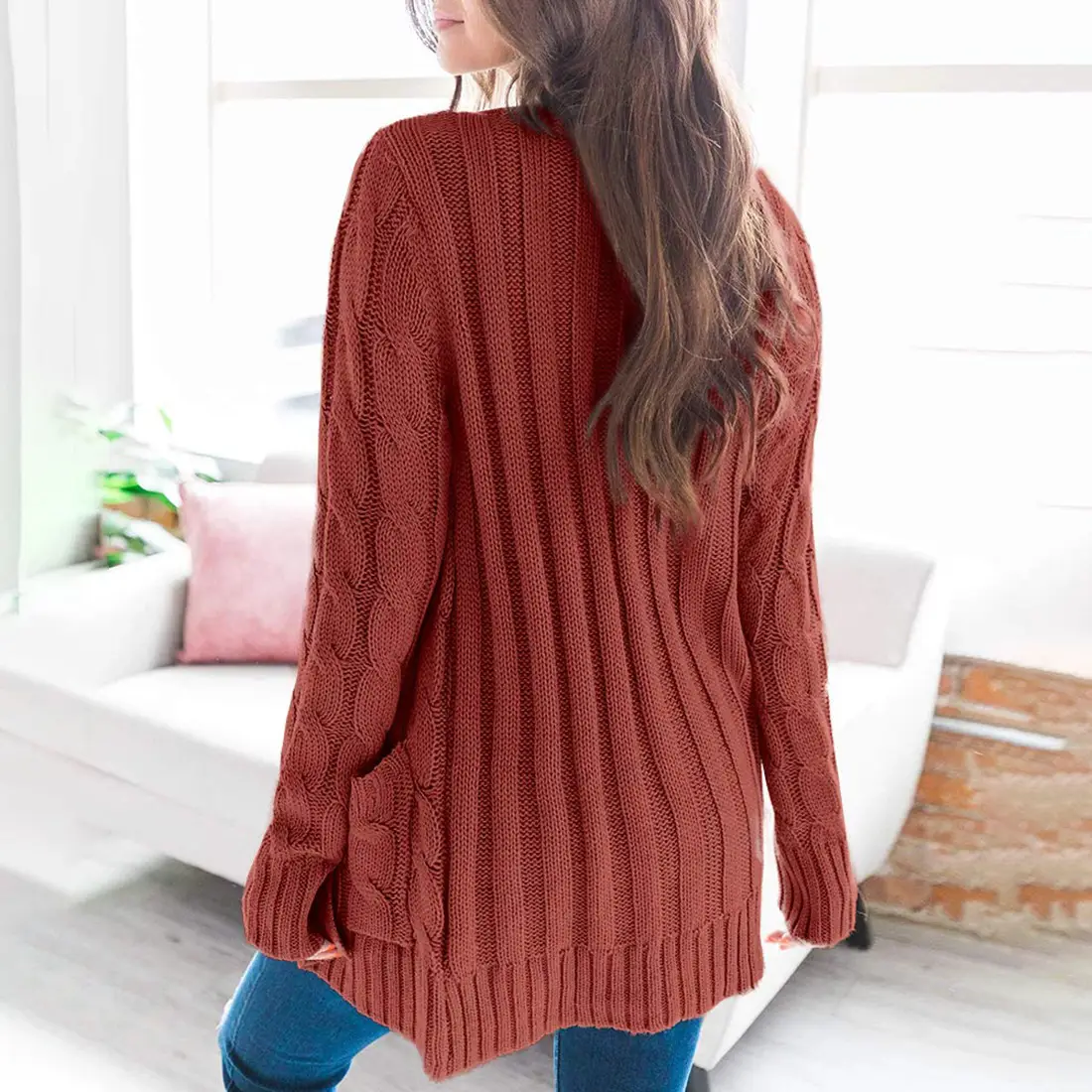 Women's V-Neck Long Sleeve Sweater Coat White — feature 40