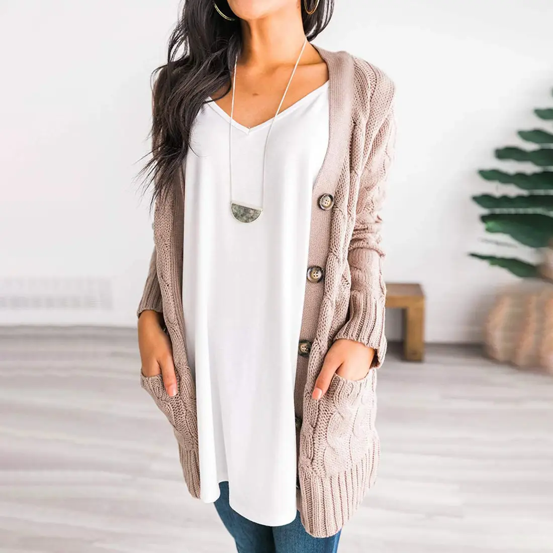 Women's V-Neck Long Sleeve Sweater Coat White — feature 41