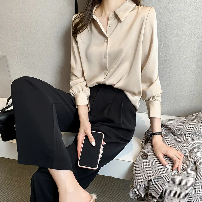 Women's Long Sleeve Shirt Beige Black Pants 2021 Spring - Image 6