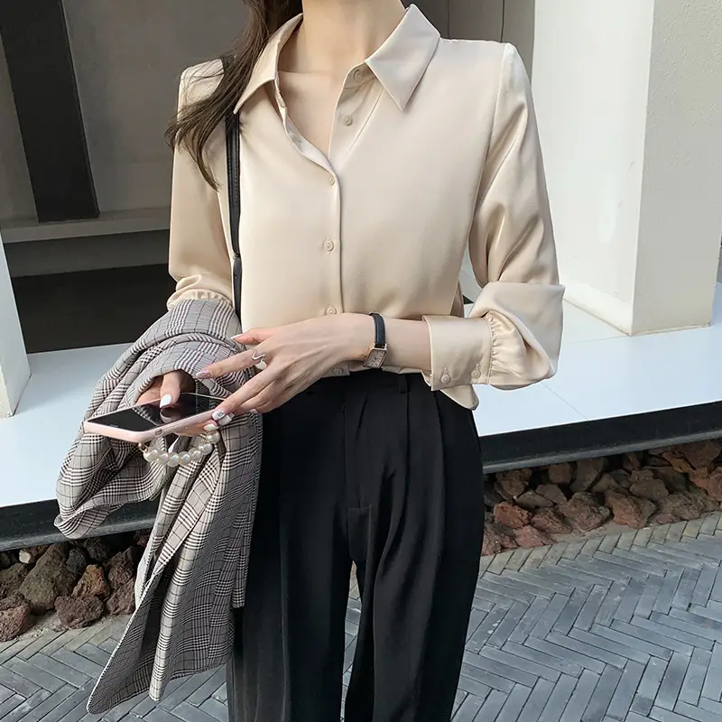 Women's Long Sleeve Shirt Beige Black Pants 2021 Spring - Image 8