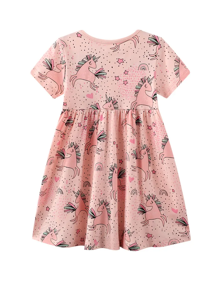 Pink Printed Short Sleeve Kids Dress for Summer - Image 3