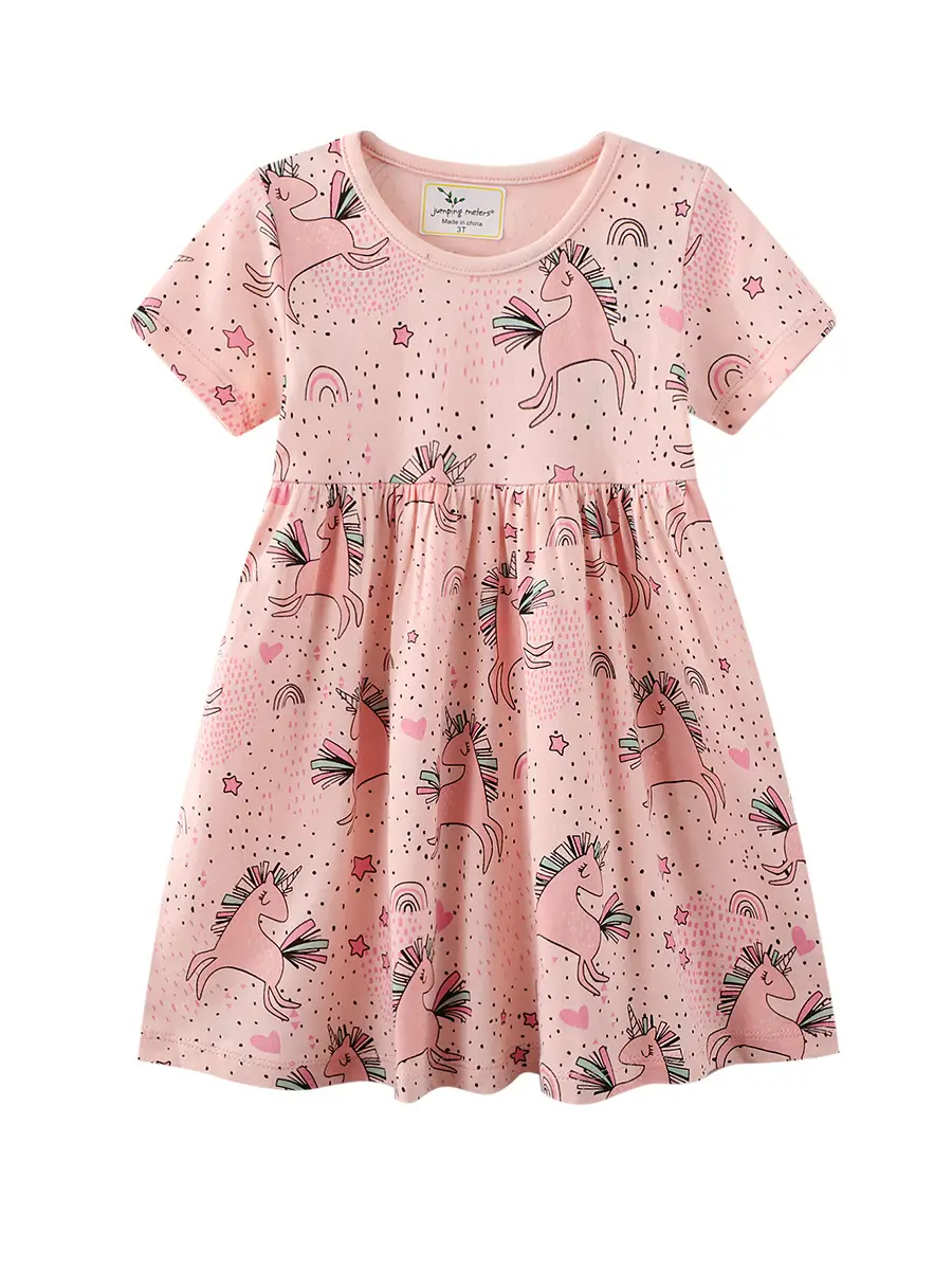 Pink Printed Short Sleeve Kids Dress for Summer - Image 6