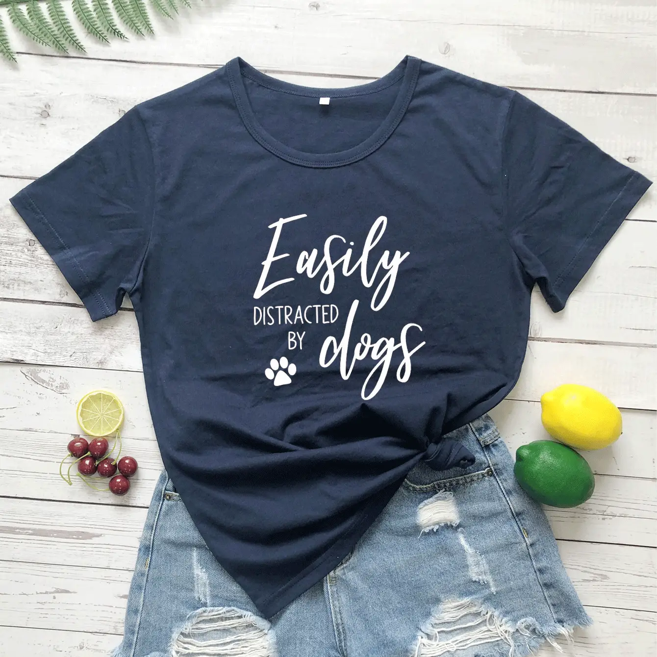 White Printed T-Shirt with "Easily Distracted by Dogs" Design - Image 10