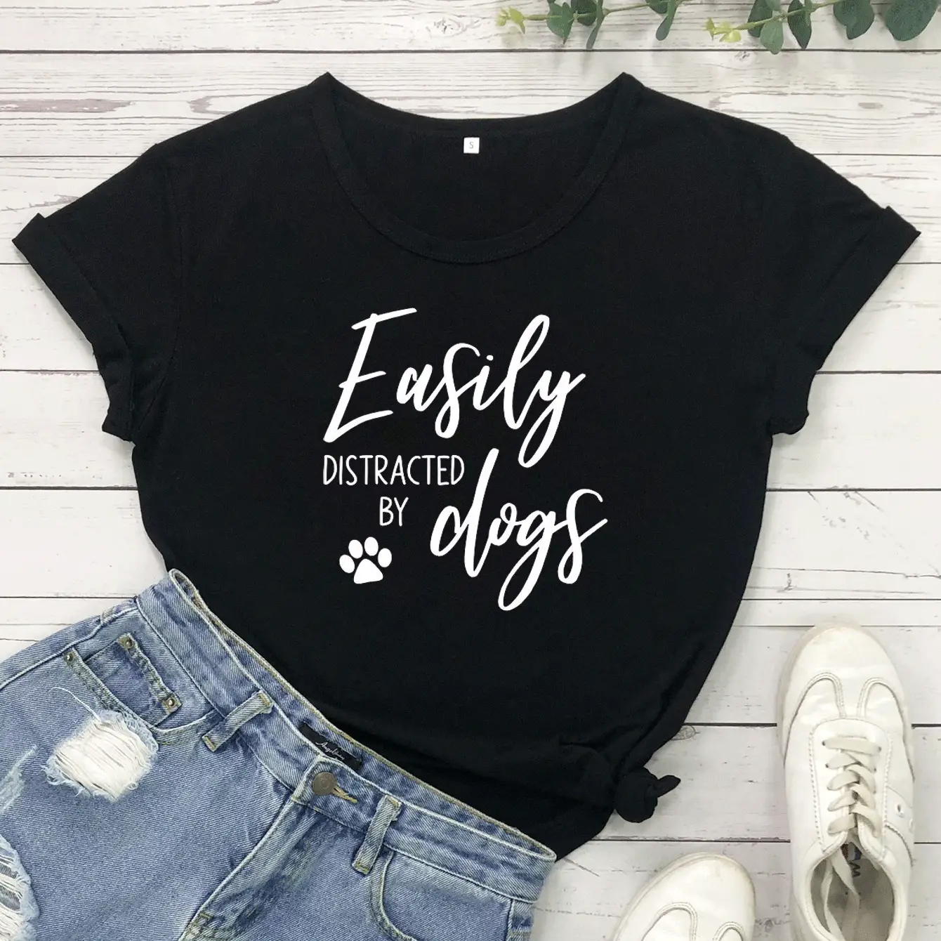 White Printed T-Shirt with "Easily Distracted by Dogs" Design - Image 2