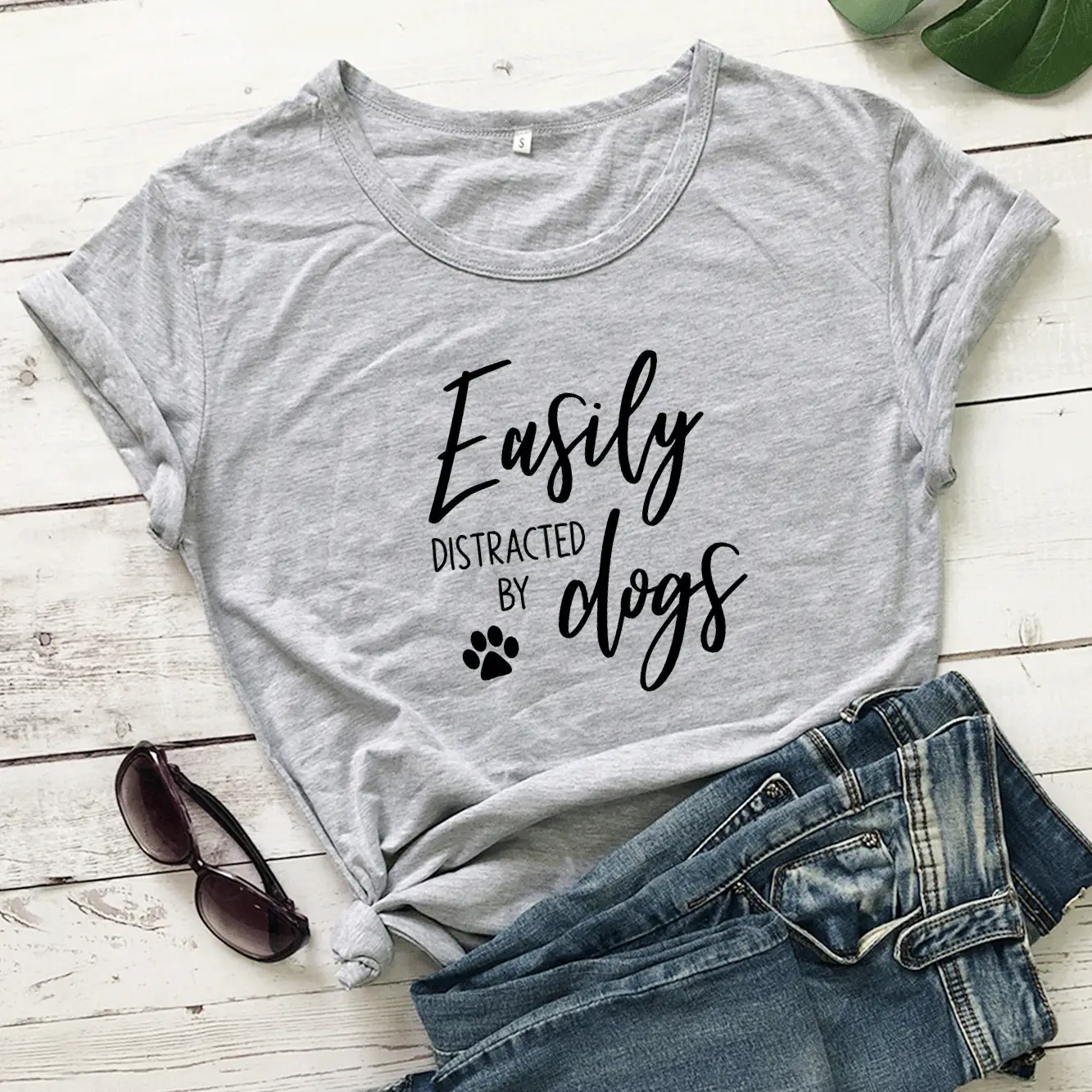 White Printed T-Shirt with "Easily Distracted by Dogs" Design - Image 3
