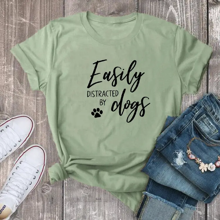 White Printed T-Shirt with "Easily Distracted by Dogs" Design - Image 4