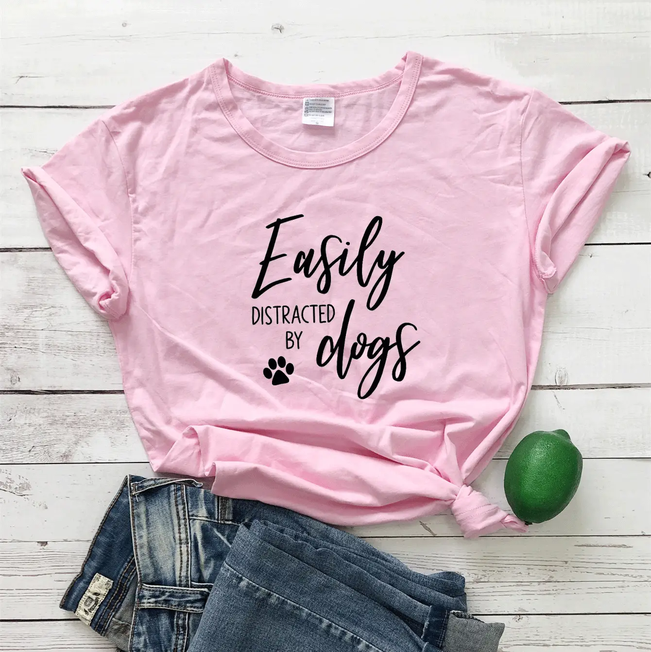 White Printed T-Shirt with "Easily Distracted by Dogs" Design - Image 6