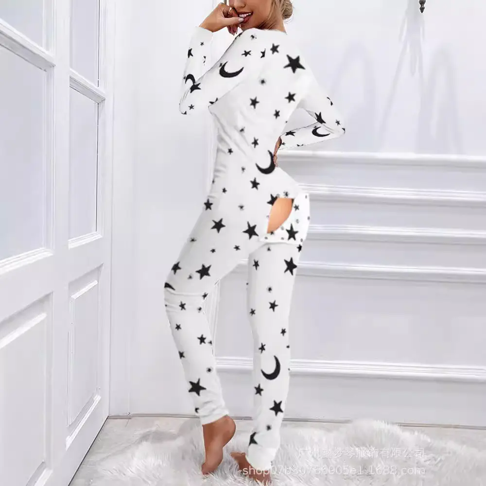 Women's Printed Star & Moon Pajama Set White Long Sleeve - Image 3