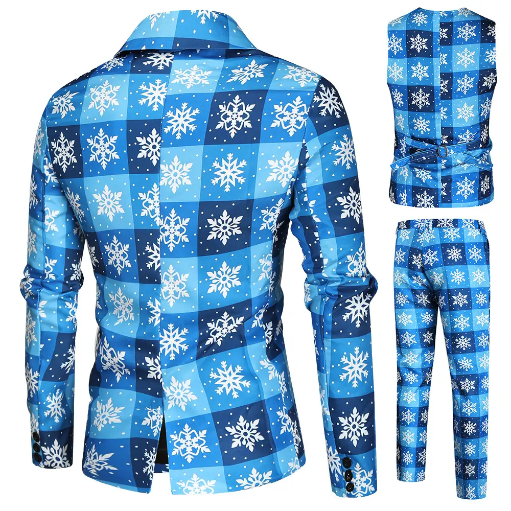 Christmas New Men 3Pc Blue Snowflake Vest Suit - Image 10