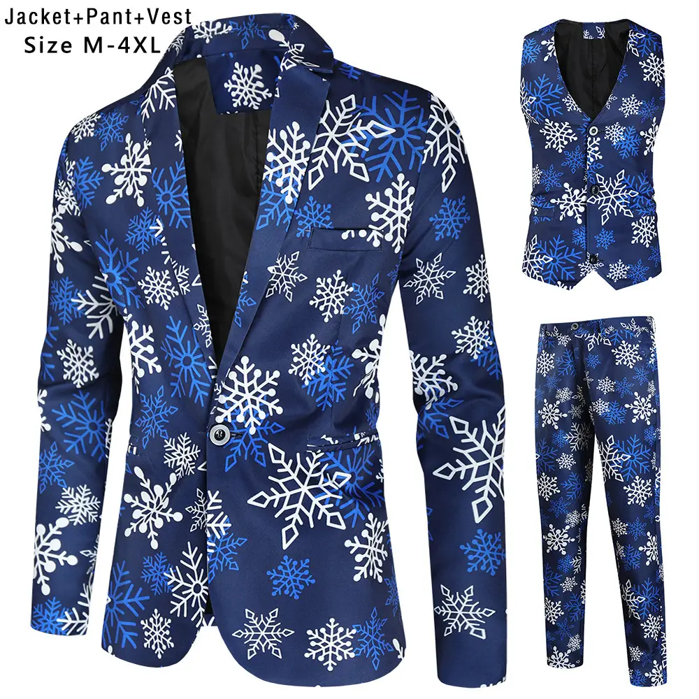 Christmas New Men 3Pc Blue Snowflake Vest Suit - Image 13