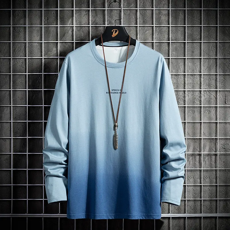 Men Cotton Long Sleeve T-Shirt Black Blue Gradient - Image 4