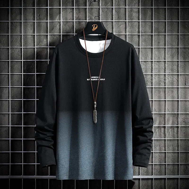 Men Cotton Long Sleeve T-Shirt Black Blue Gradient - Image 2