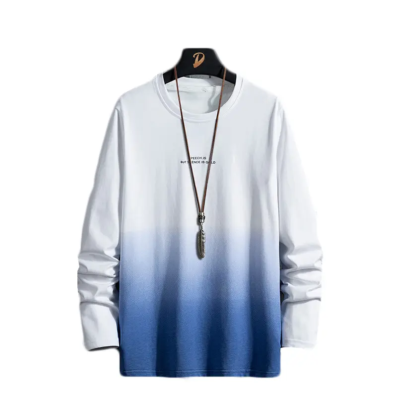 Men Cotton Long Sleeve T-Shirt Black Blue Gradient - Image 6