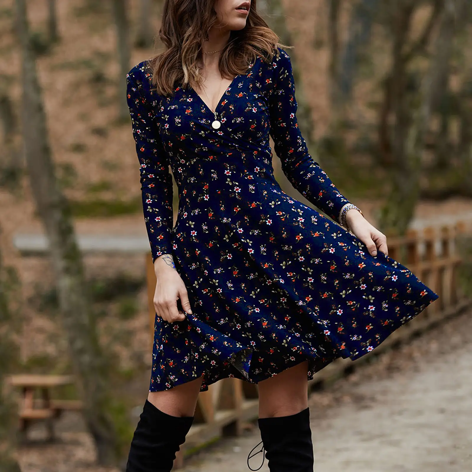 2021 Floral Long Sleeve V Neck Dress Swing Skirt Navy Blue - Image 3