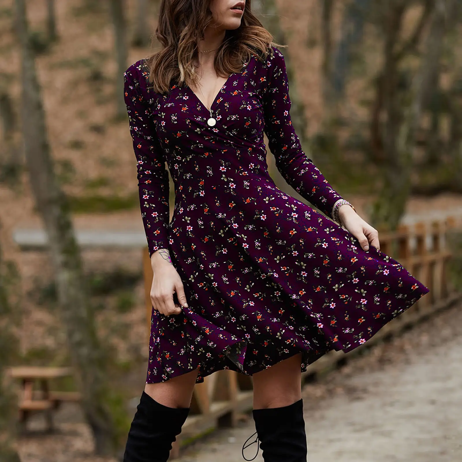 2021 Floral Long Sleeve V Neck Dress Swing Skirt Navy Blue - Image 5