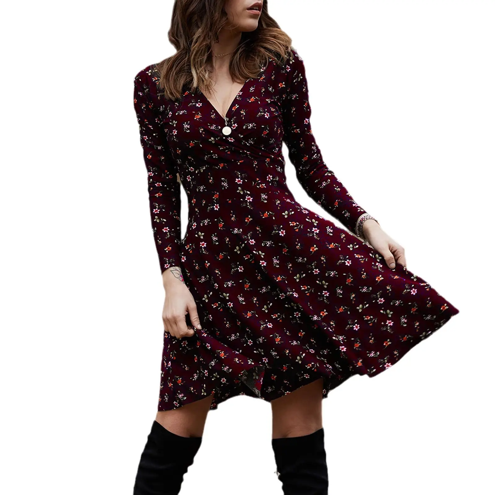 2021 Floral Long Sleeve V Neck Dress Swing Skirt Navy Blue - Image 7