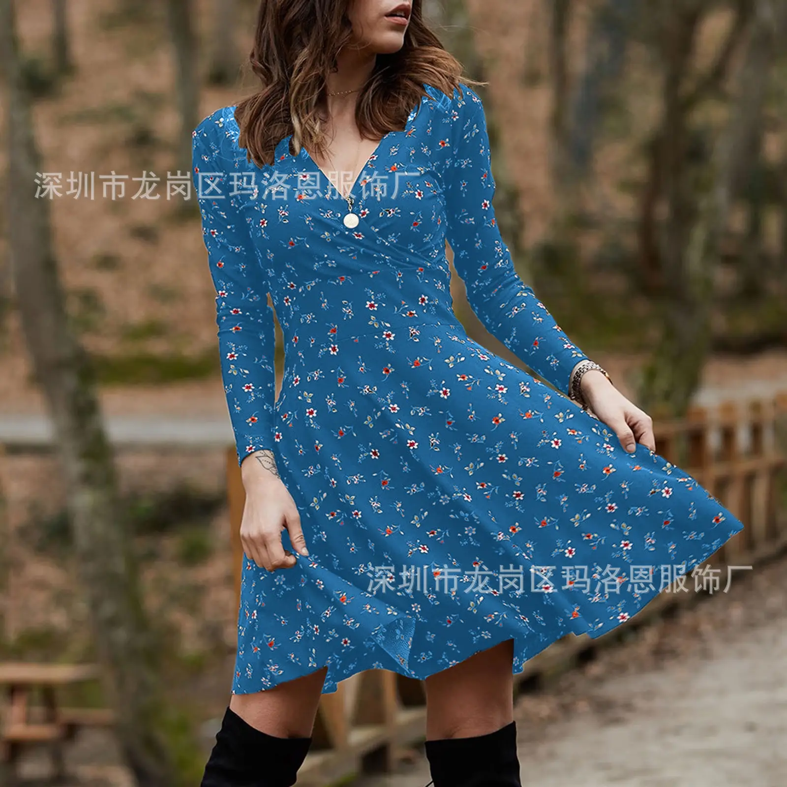2021 Floral Long Sleeve V Neck Dress Swing Skirt Navy Blue - Image 2