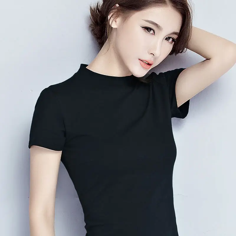 Women Black Half Turtleneck Slim T-Shirt Large - Image 9