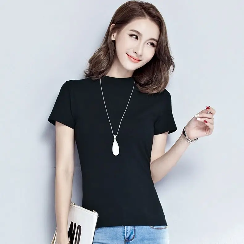 Women Black Half Turtleneck Slim T-Shirt Large - Image 10