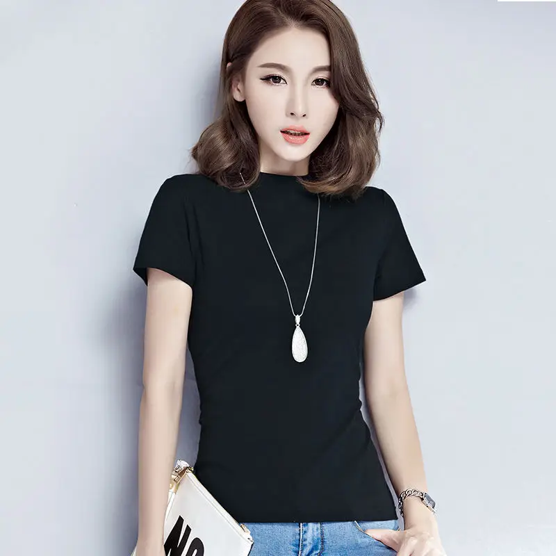 Women Black Half Turtleneck Slim T-Shirt Large - Image 11
