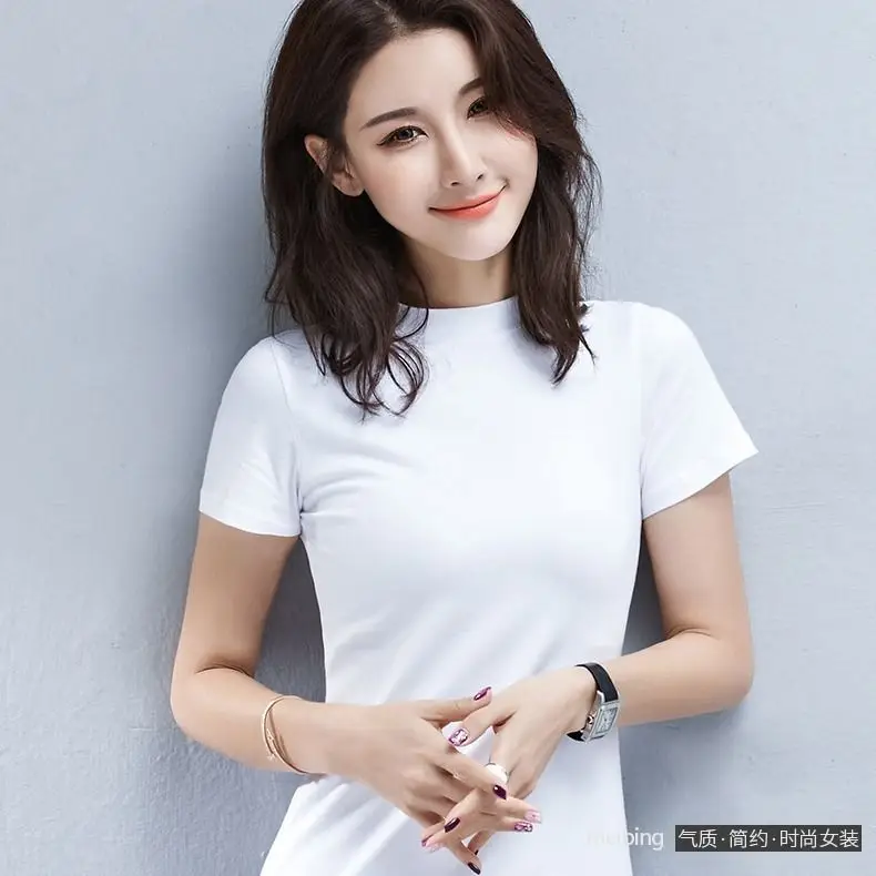 Women Black Half Turtleneck Slim T-Shirt Large - Image 2