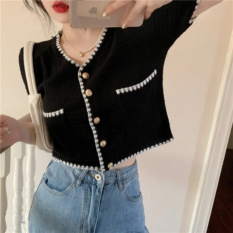 Black Embellished Short Sleeve Cardigan Top for Women