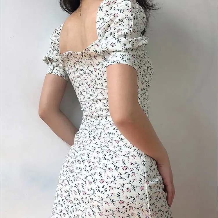 Women Floral Lace-Up Puff Sleeves Dress - Image 2